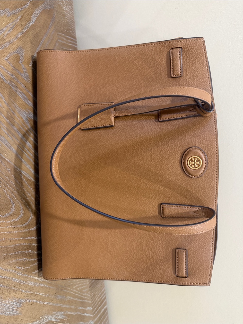 Tory Burch Camel/Tan Leather Shoulder Tote with Logo Medallion